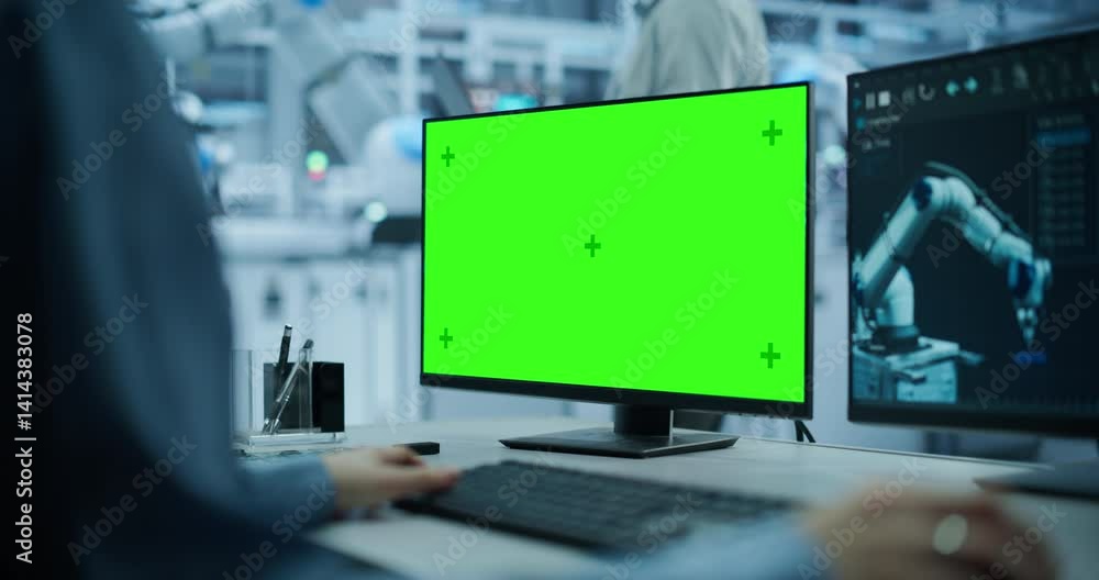Aufkleber Administrator Working Behind a Desk in a Modern Industrial Facility with Automated Robotic Arms. Anonymous Specialist Working on a Computer with Green Screen Mock Up Template