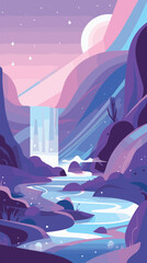 Pastel fantasy landscape with waterfall and river in twilight flat vector illustration