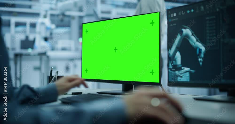 Poster Industrial Specialist Working on a Desktop Computer with Green Screen Mock Up Display. Second Monitor Displaying Technical and Production Information About the Robotic Assembly Line
