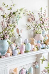 A mantel is decorated with Easter-themed figurines and garlands. Bunnies, chicks, and pastel-colored eggs are scattered across the surface. The mood is light and playful