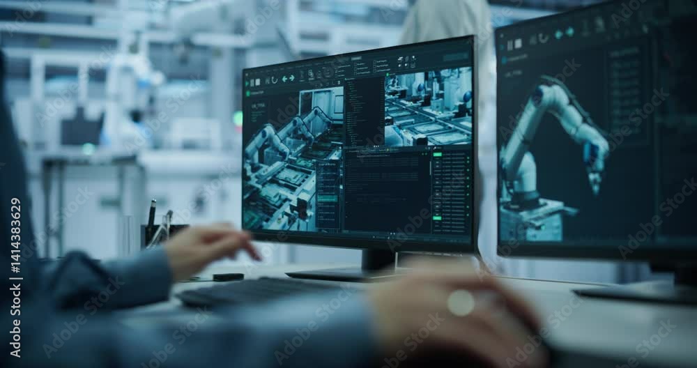 Poster Administrator Working Behind a Desk in a Modern Industrial Facility with Automated Robotic Arms. Anonymous Specialist Monitoring Circuit Board Assembly Line Conveyor and Optimizing Production