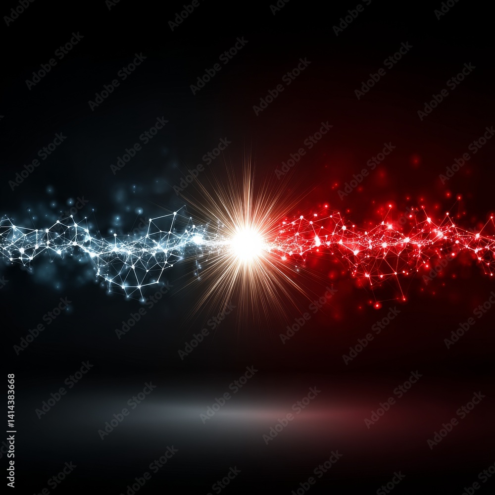 Aufkleber conceptual collision: red & blue energy nodes intersect in a brilliant flash of light on a black bac