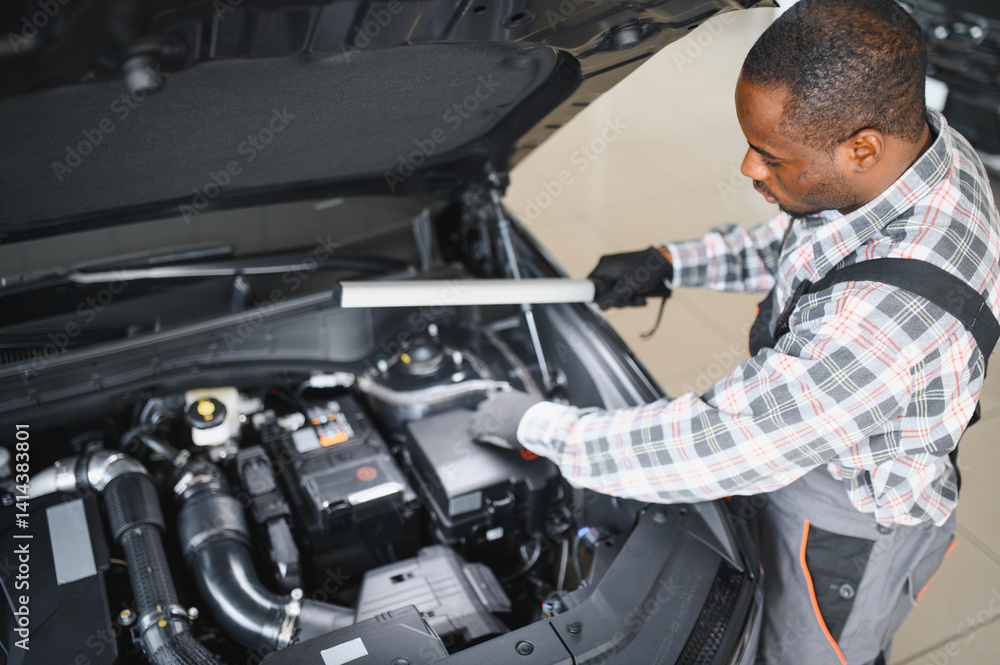 Poster auto mechanic performing a routine service inspection in a service garage