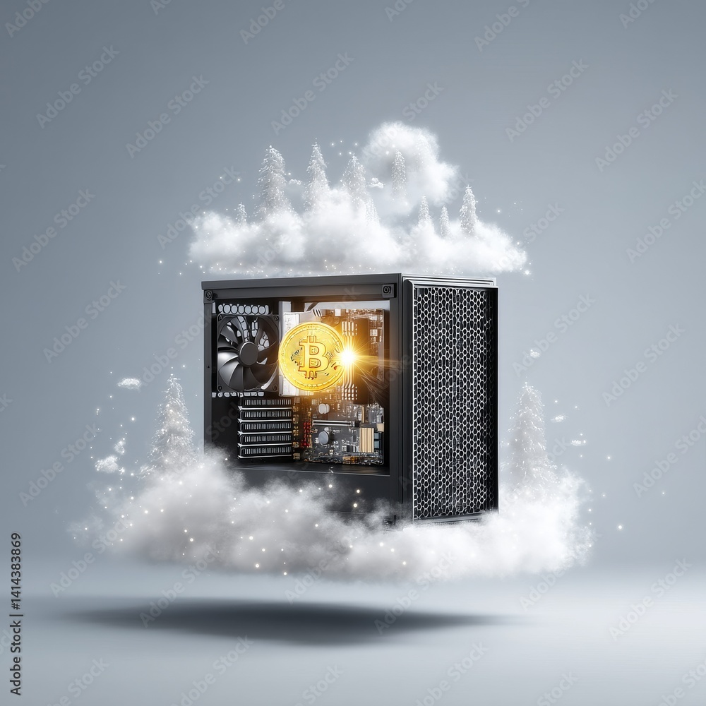 Poster Crypto Mining Dream: Bitcoin Inside a PC Case Surrounded by Clouds and Winter Trees