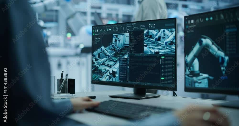 Aufkleber Industrial Engineer Working Behind a Desk in a Modern Manufacturing Facility with Automated Robotic Arms. Anonymous Specialist Monitoring Circuit Board Assembly Line and Optimizing Production Output