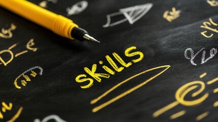 Fototapeta premium Yellow pen and skills text on dark background