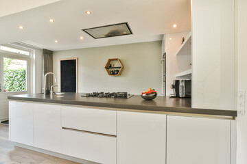 A contemporary kitchen featuring sleek cabinetry and a minimalist design, complemented by natural light and stylish fixtures. Ideal for modern home aesthetics.