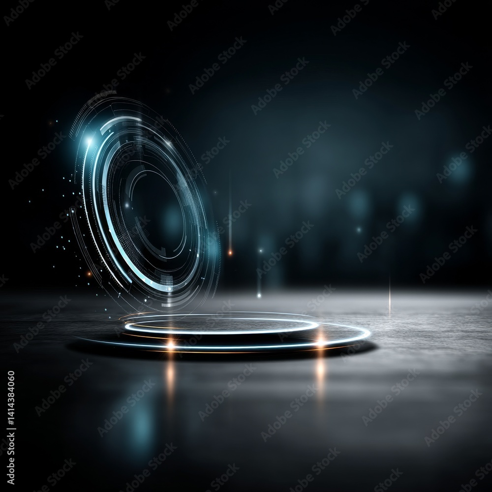 Poster futuristic technology display: circular hologram with glowing elements on dark concrete stage