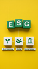 Fototapeta premium ESG acronym on wooden cubes. Symbolizes Environmental, Social, and Governance factors guiding responsible business practices, sustainability, ethics, and corporate accountability.
