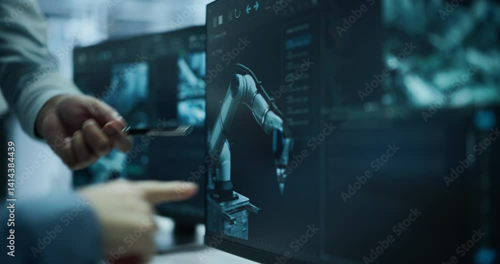 Poster Detailed Shot with Two Manufacturing Experts Collaborating on an Industrial Procedure Involving Automated Robotic Arms. Workers Pointing at Information on a Computer Screen, Overseeing the Assembly