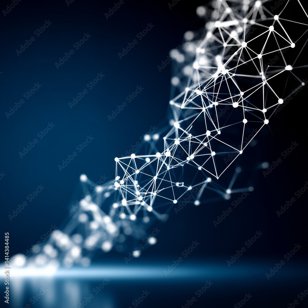 Fototapete Glowing Network: Abstract White Lines and Nodes on a Dark Blue Gradient Background with Reflections