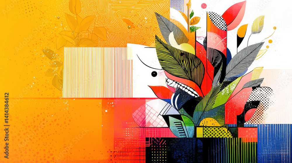 Poster vibrant abstract artwork featu colorful leaves sprouting from geometric shapes and patterns, combini
