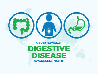May is National Digestive Disease Awareness Month poster vector illustration. Stomach, intestine, digestive system icon set vector. Template for background, banner, card. Important day