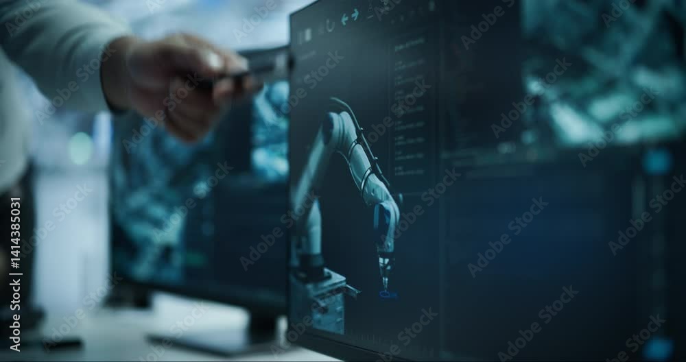 Aufkleber Close Up of Two Industrial Specialists Discussing a Manufacturing Process with Automated Robotic Arms. Workers Pointing on Computer Screen, Monitoring and Managing the Assembly Line