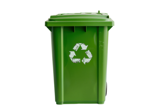 A vibrant green recycling bin featuring the universal symbol against a clean white background isolated on transparent background