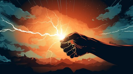 Hand holding up a lightning bolt. Energy and power. Stormy background