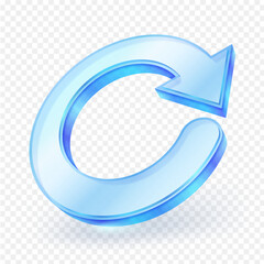 Stylized 3D blue circular arrow with a sleek, glass material, symbolizing refresh, rotation, or reload action in modern digital design, isolated on transparent background. Vector illustration.