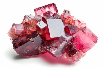 Vivid red and pink fluorite crystals glimmering under bright light in an artistic display isolated on transparent background