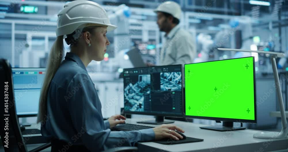 Poster Industrial Specialist Working on a Desktop Computer with Green Screen Mock Up Display. Second Monitor Displaying CCTV Live Feed Footage and Information About the Robotic Assembly Line