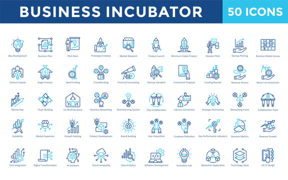 Business Incubator icons set with idea development, business plan, pitch deck, prototype creation, market research, product launch, minimum viable product icon. Simple outline color vector 
