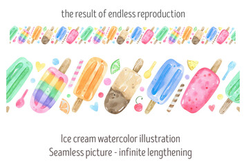 Watercolor seamless border ice cream. Colorful ice cream, fruit ice, popsicle, cherries, mint leaves, and wafers background. Design invitations for birthday, summer party, printable stationery