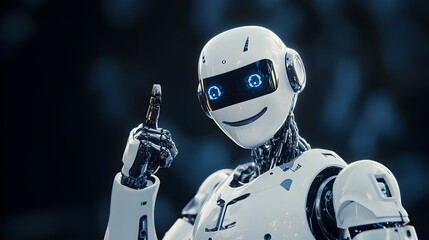 Smiling robot showing thumb up on dark background. Artificial intelligence and robotic technology concept. Future innovation and automation, Ai support service.