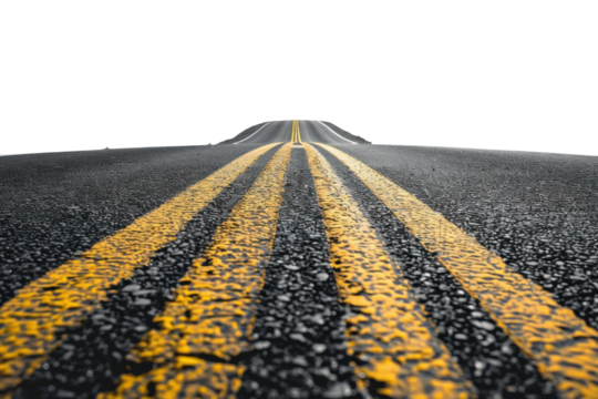 A long, winding road leads to a mysterious horizon under a cloudy sky in the early morning light isolated on transparent background