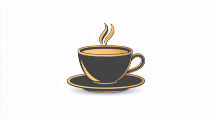 Simple Black Coffee Cup with Saucer and Steam on White Background Illustration