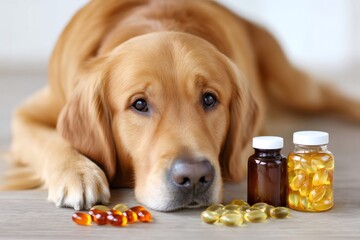 Fototapeta na wymiar Golden retriever dog resting near vitamins and supplements for pets