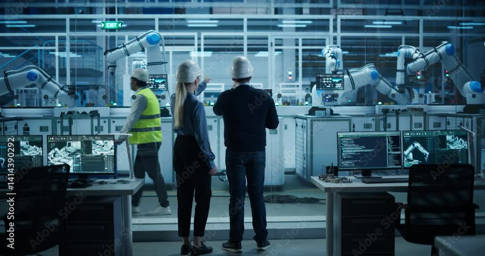 Aufkleber Engineer and Technician Standing with Their Back to Camera, Having a Discussion and Using a Laptop Computer. Industrial Specialists Analyzing Conditions at an Electronics Factory with an Assembly Line