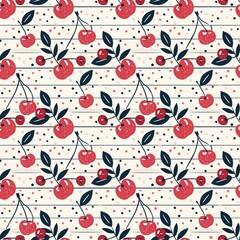 Whimsical Watercolor Cherry Pattern in Vintage Style, Featuring Soft Hues and Playful Sweet Fruit in Seamless Repeat