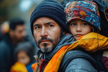 Father carrying daughter while leaving home with refugees