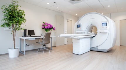 Modern medical imaging center with a sleek, clean design.  A spacious room houses a state-of-the-art MRI machine, alongside a small workspace. 