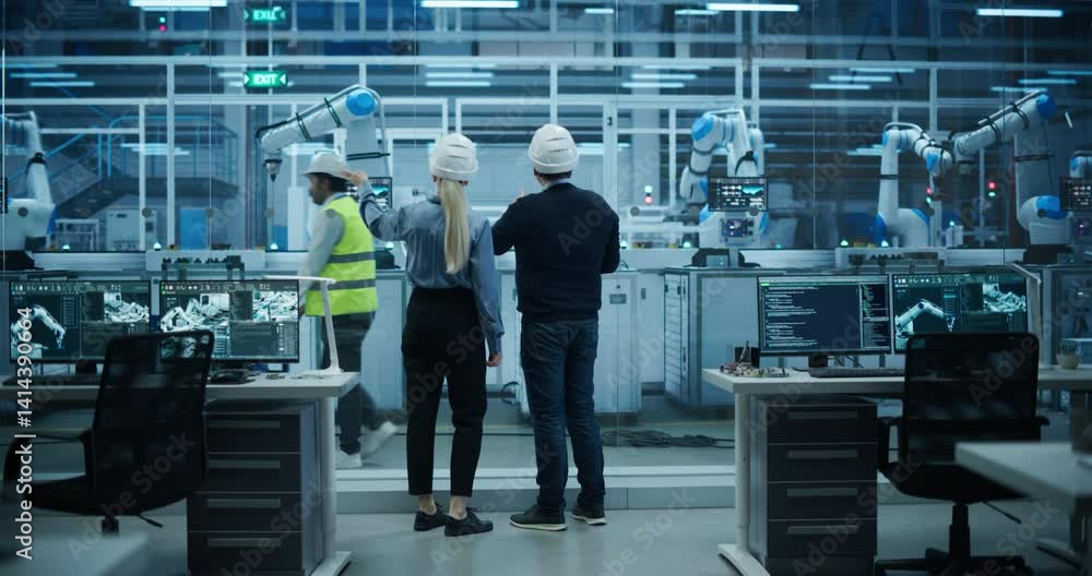 Poster Diverse Factory Employees Using Laptop and Having a Conversation on a Production Floor. Robotic Arms Automate Electronics Assembly Inside a Facility. Automatic Conveyor is Powered by an AI Software