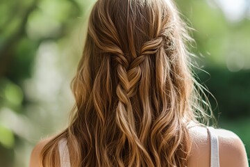 A woman with long brown hair is wearing a white tank top.