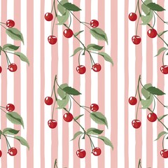 Whimsical Watercolor Cherry Pattern in Vintage Style, Featuring Soft Hues and Playful Sweet Fruit in Seamless Repeat
