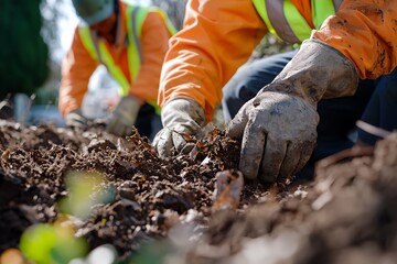 Two men in orange vests are working in the dirt.