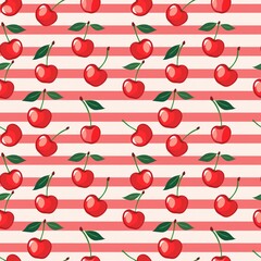 Whimsical Watercolor Cherry Pattern in Vintage Style, Featuring Soft Hues and Playful Sweet Fruit in Seamless Repeat