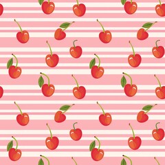 Whimsical Watercolor Cherry Pattern in Vintage Style, Featuring Soft Hues and Playful Sweet Fruit in Seamless Repeat