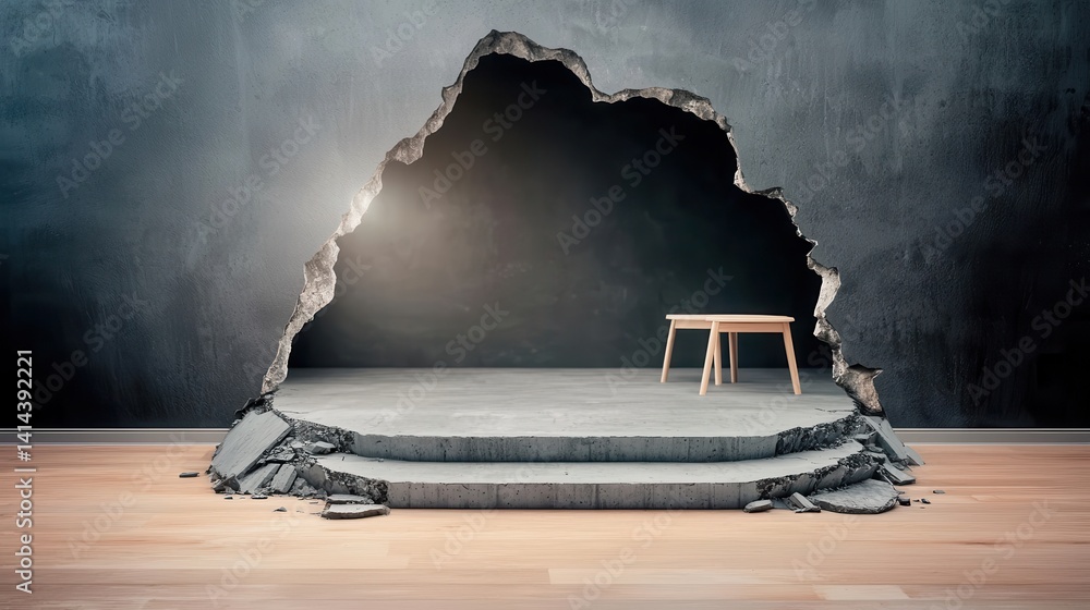 Poster a dramatic wall breach reveals an empty space with a minimalist table, creating a striking contrast 