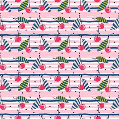 Whimsical Watercolor Cherry Pattern in Vintage Style, Featuring Soft Hues and Playful Sweet Fruit in Seamless Repeat
