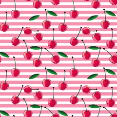 Whimsical Watercolor Cherry Pattern in Vintage Style, Featuring Soft Hues and Playful Sweet Fruit in Seamless Repeat