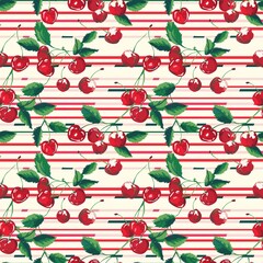 Whimsical Watercolor Cherry Pattern in Vintage Style, Featuring Soft Hues and Playful Sweet Fruit in Seamless Repeat