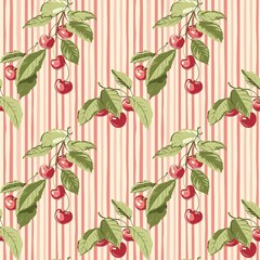 Whimsical Watercolor Cherry Pattern in Vintage Style, Featuring Soft Hues and Playful Sweet Fruit in Seamless Repeat