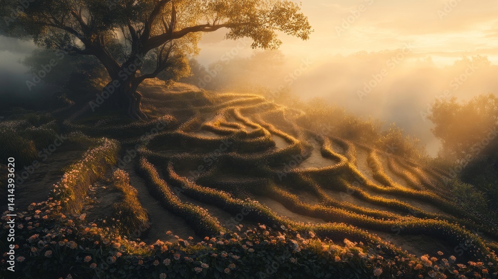 Poster tree on a hill with golden light and fog creating a serene landscape.