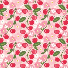 Whimsical Watercolor Cherry Pattern in Vintage Style, Featuring Soft Hues and Playful Sweet Fruit in Seamless Repeat
