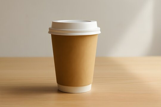 Vaso de caf&eacute; desechable de papel kraft con tapa blanca sobre mesa de madera clara