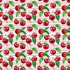 Whimsical Watercolor Cherry Pattern in Vintage Style, Featuring Soft Hues and Playful Sweet Fruit in Seamless Repeat
