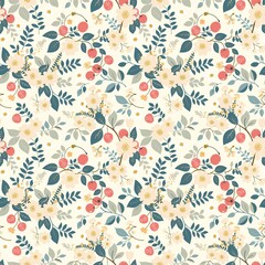 Whimsical Watercolor Cherry Pattern in Vintage Style, Featuring Soft Hues and Playful Sweet Fruit in Seamless Repeat