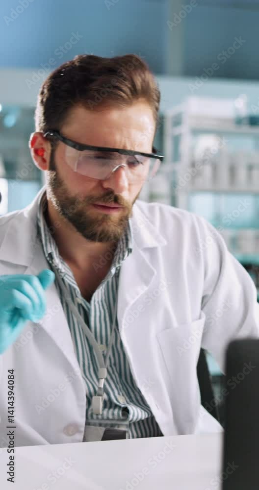 Poster science, liquid and man with beaker and microscope for research, medical analysis and chemistry in l
